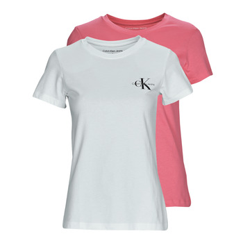 vaatteet Naiset Lyhythihainen t-paita Calvin Klein Jeans 2-PACK MONOGRAM SLIM TEE X2 Valkoinen / Vaaleanpunainen