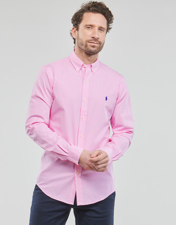 vaatteet Miehet Pitkähihainen paitapusero Polo Ralph Lauren CHEMISE AJUSTEE SLIM FIT EN POPELINE RAYE Vaaleanpunainen / Valkoinen