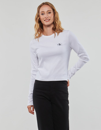 vaatteet Naiset T-paidat pitkillä hihoilla Calvin Klein Jeans WOVEN LABEL RIB LONG SLEEVE Valkoinen