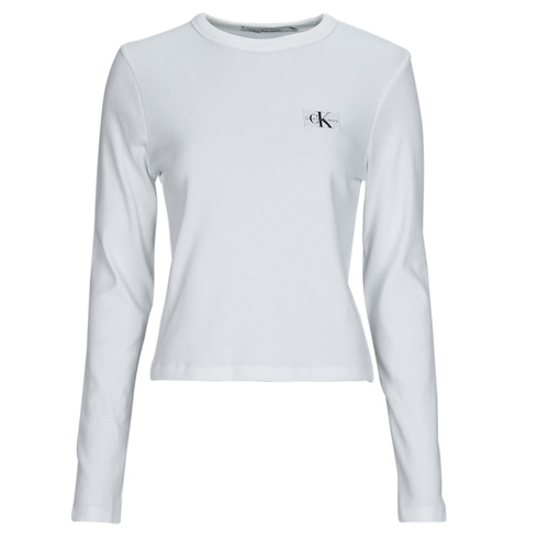 vaatteet Naiset T-paidat pitkillä hihoilla Calvin Klein Jeans WOVEN LABEL RIB LONG SLEEVE Valkoinen
