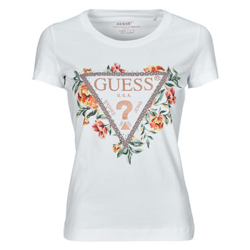 vaatteet Naiset Lyhythihainen t-paita Guess TRIANGLE FLOWERS Valkoinen